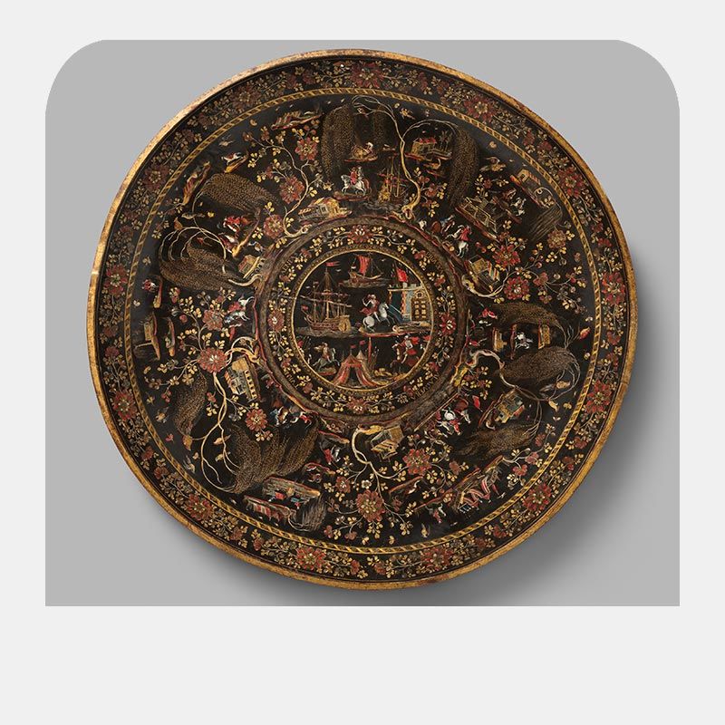 A round tray with orange and wooden highlights.